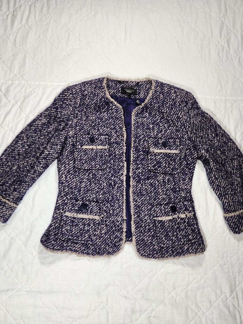 NWT Talbots Size 8 Blazer Purple/Blue Tweed Fringe Open Front Jacket Wool Blend